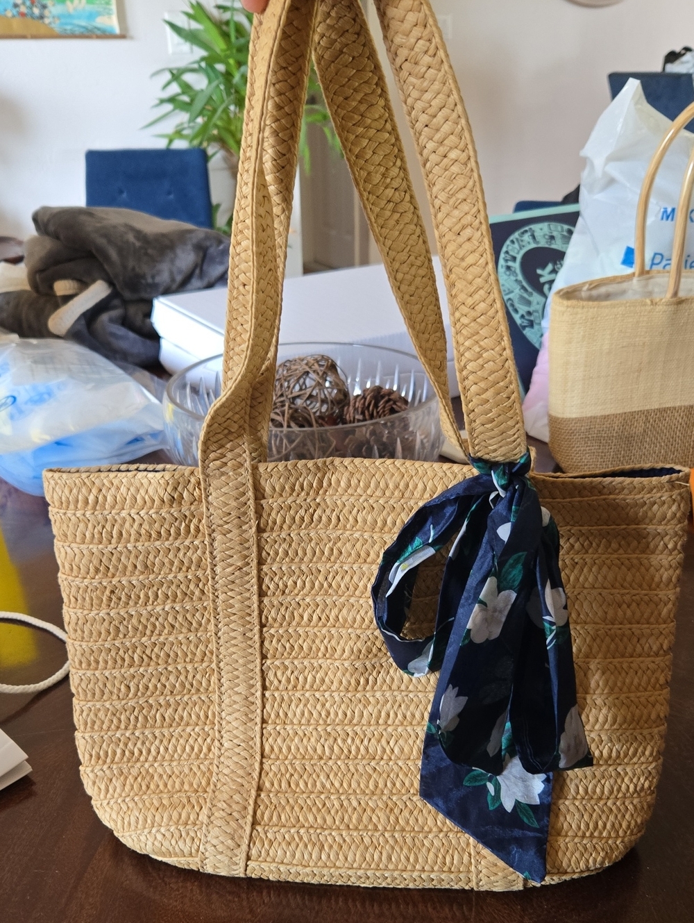 Draper James Straw Woven Tote Bag with Navy Floral Scarf - Picture 1 of 5